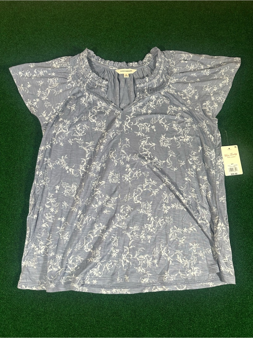 Lucky Brand NWT Light Blue Floral Short Sleeve Top, size small - Picture 1 of 7